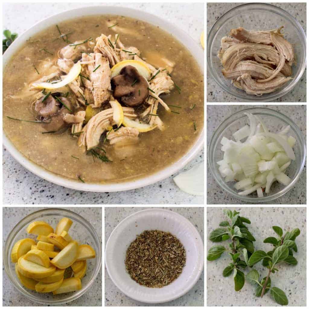 Chicken Mushroom soup recipe. Collage of all the ingredients in it including chicken, onions, yellow squash, italian seasoning and fresh oregano