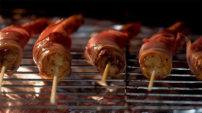 Side shot of the prepared Spanish Prosciutto Wrapped Shrimp.