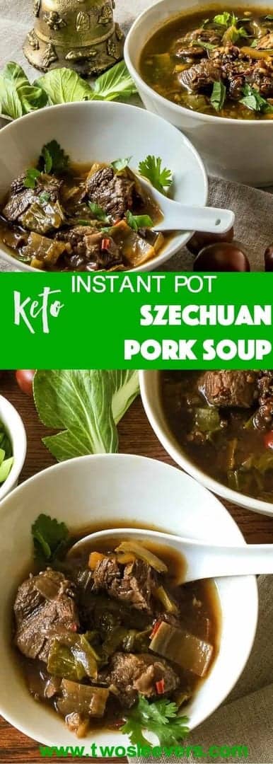 Flavorful, low carb version of Szechuan Pork Soup substitutes bok choy for the noodles, while keeping the traditional flavors of this soup. Pressure cooking makes the meat super tender.