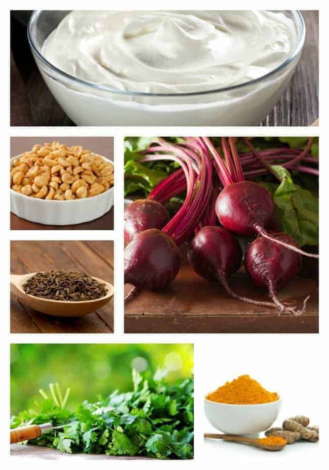 Ingredients for making Indian Beetroot salad include beet, yogurt, peanuts, cilantro, cumin seeds, and turmeric, shown in a collage