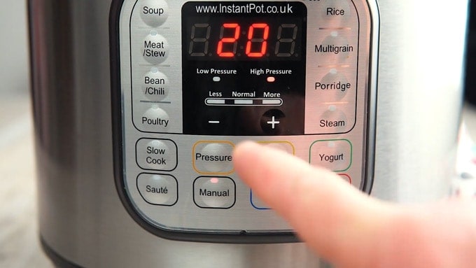 Front of instant pot set at 20 minutes at high pressure