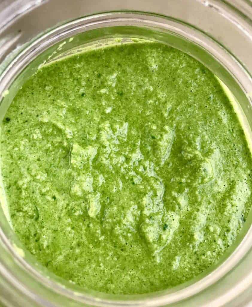 Close up of green chutney.