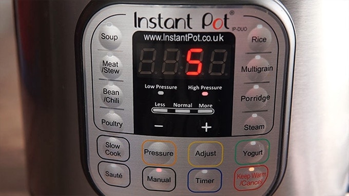 Side shot of the Instant Pot set to High Pressure for 5 minutes.