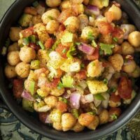 Chickpea Salad finished, served in a black bowl
