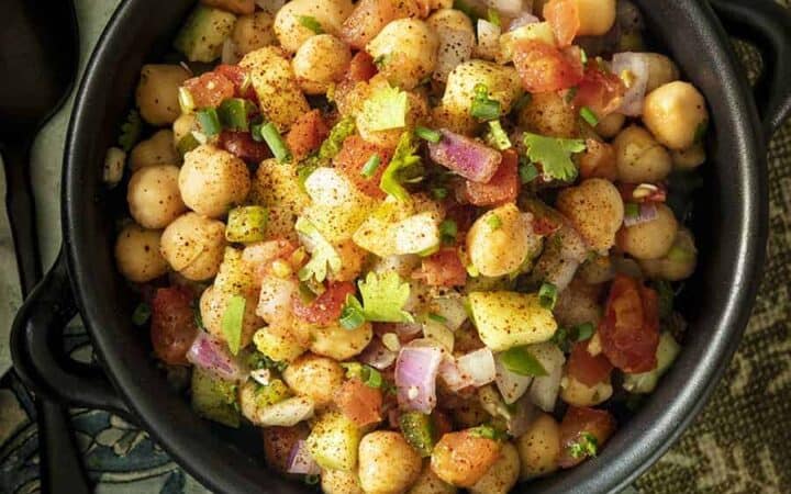 Chickpea Salad finished, served in a black bowl