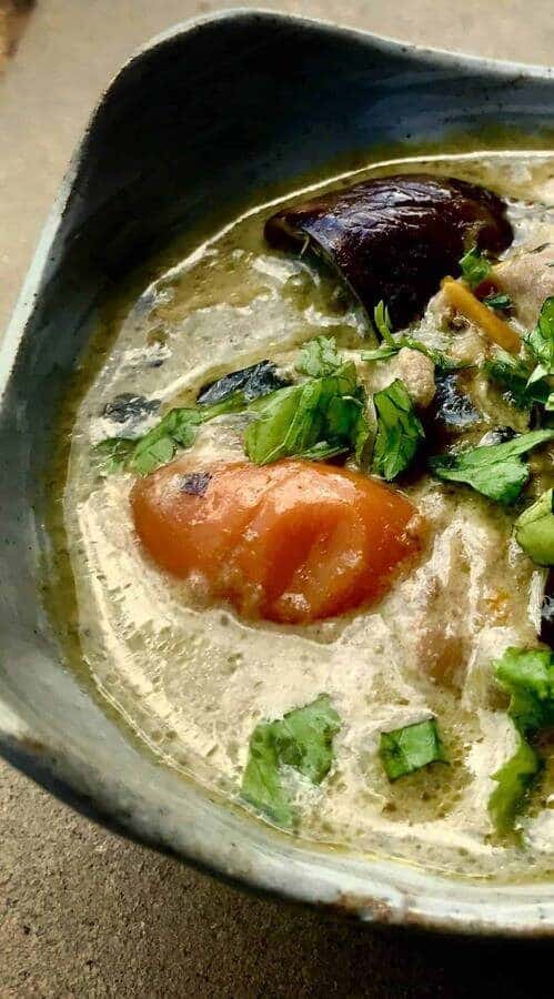 A close up of Thai peanut chicken cooked in an Instant Pot.