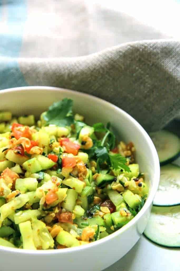 Cucumber Peanut Salad. Indian koshimbir is perfect for summer and requires almost no cooking. Refreshing combination of cucumbers and peanuts with a few additional spices complete this perfect summer salad.