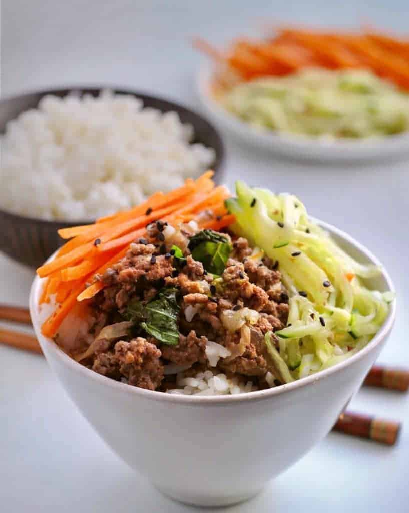 A bowl of Spicy Basil Beef Bowls.