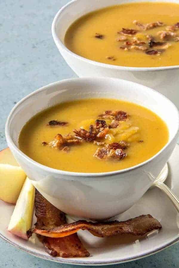 Easiest Butternut Apple soup with Bacon that you'll ever make in your pressure cooker. The apples and savory bacon add a wonderful flavor to the soup.