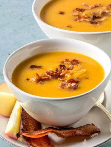 Creamy Butternut Squash Soup with Apple and Bacon - TwoSleevers