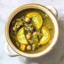 This summer soup is filled to the brim with chickpeas, rainbow chard, and yellow summer squash. Garlic and parsley give it it a fresh taste, for a soup everyone can enjoy.