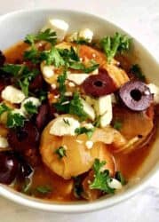 This Instant Pot Shrimp with Tomatoes and Feta and olives is one of the easiest, simplest recipe you will make in your Instant pot, pressure cooker, or on the stovetop. High protein, low carb, and fast.