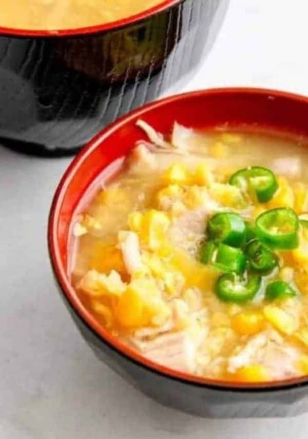 Sweet Corn Chicken Soup in a red bowl