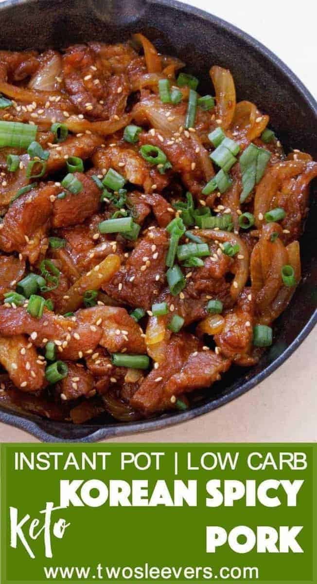 Savory Dae Ji Bulgogi Korean Spicy Pork cooks up flavorful and tender from your Instant Pot or Pressure cooker for a great low carb keto spicy pork dinner. Wrap up the meat in lettuce leaves and enjoy the crunchy, spicy goodness.