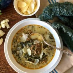 Low Carb Italian Sausage Kale Soup create a hearty, comforting low carb soup in your Instant Pot or Pressure cooker. Easy, delicious, freezes well.