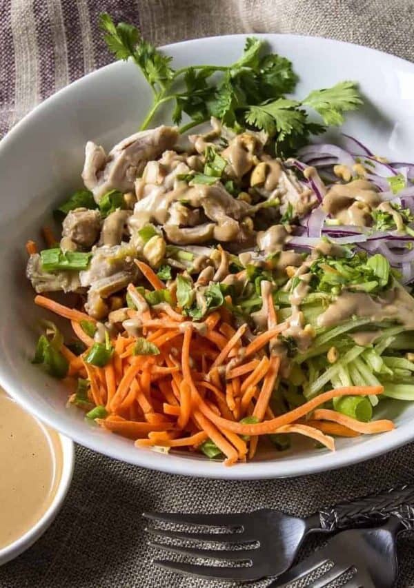 Instant Pot Low carb sesame ginger chicken is very versatile. Eat it plain, over zoodles, with rice, or in a lovely crunchy salad.