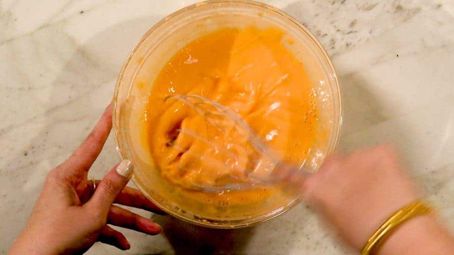Overhead shot of blending ingredients until smooth.