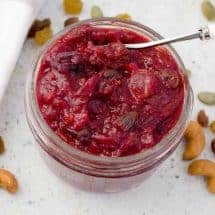 Close up of the pressure cooker cranberry chutney in a round jar