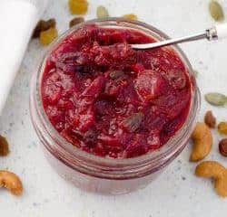 Close up of the pressure cooker cranberry chutney in a round jar