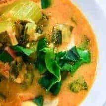 Pressure Cooker Low Carb Spicy Creamy Chicken Soup mixes together pantry ingredients for a last-minute homemade creamy chicken soup that’s simply bursting with flavor. Spicy, creamy, low carb, keto, gluten-free, and dairy-free.