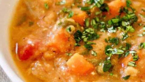 vegan creamy red lentil soup half view
