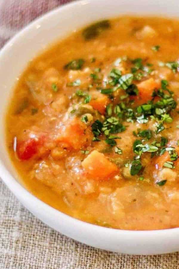 vegan creamy red lentil soup half view