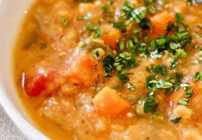 vegan creamy red lentil soup half view