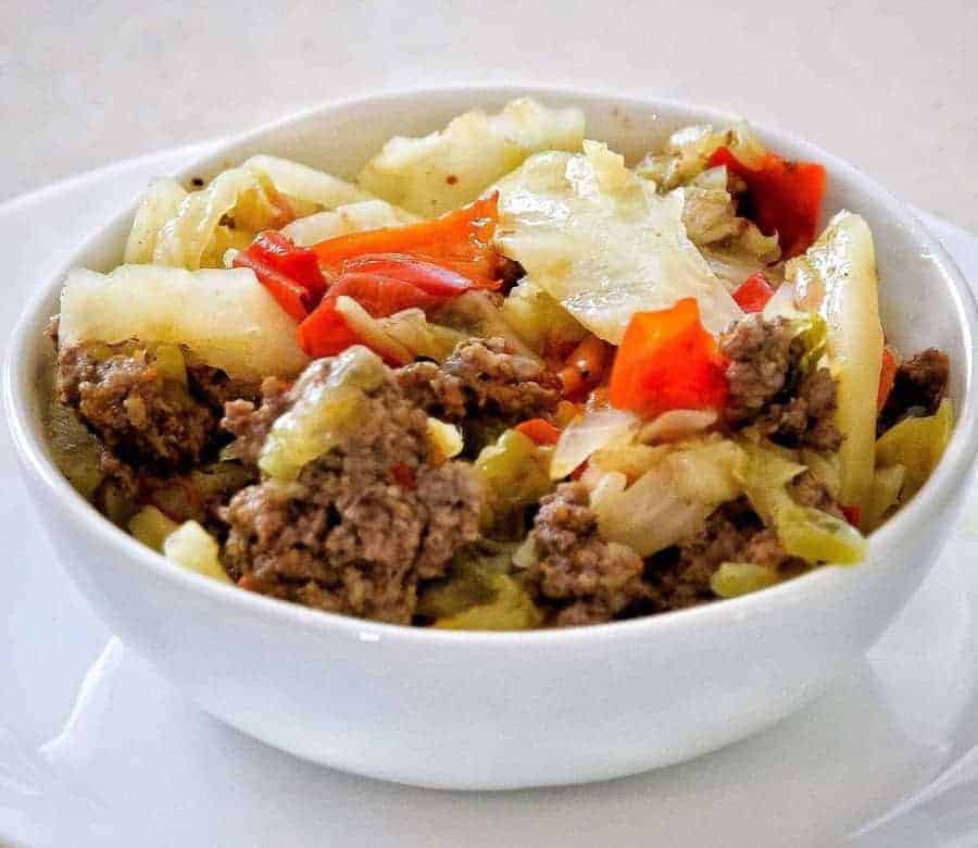 Pressure Cooker Low Carb  Ground Beef  Shawarma with vegetables is an easy, delicious, low carb one-pot meal for your Instant Pot that is flavorful, and super family-friendly. Overhead shot of shawarma in white bowl.