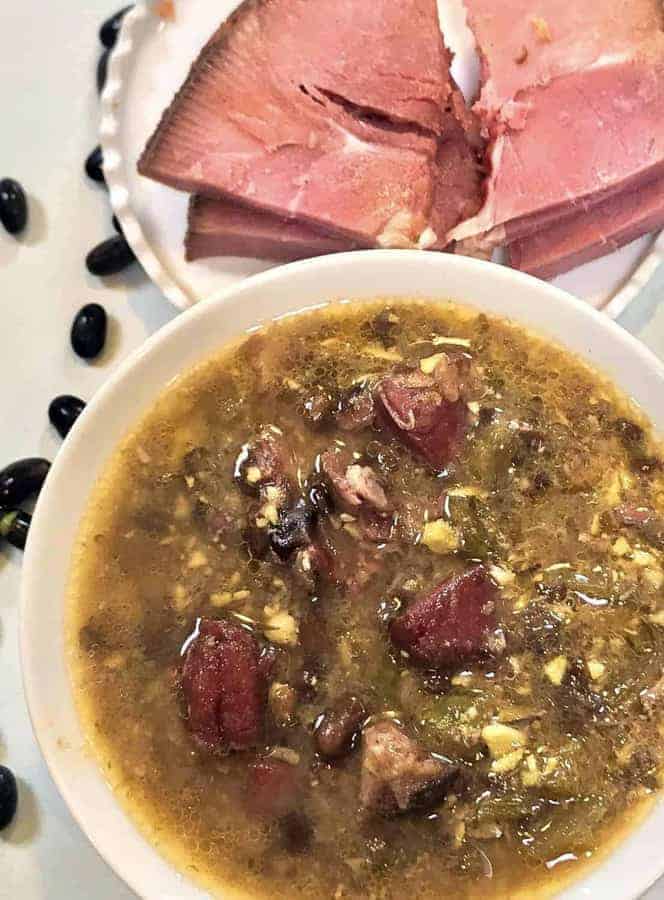 low carb ham and bean soup with ham on a plate. No need to miss beans on a Keto Low carb diet! These use a secret, low carb bean that tastes fantastic! This low carb ham and bean soup tastes just like the real thing.