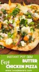 Best and easiest butter chicken pizza ever, and an excellent way to use up your leftover Two Sleevers butter chicken or the extra butter chicken sauce-if you ever have any left, that is. Use ready-made naan to make pizza night even easier. 