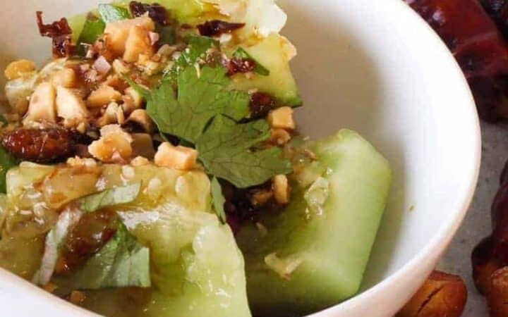 This Chinese Sichuan Smashed Cucumber Salad borrows from a Xi'an sauce I once had. Cucumbers, garlic, and a secret chili ingredient was what I used to recreate this crisp, cool, tangy, spicy marvel. Best of all? Done in about 8 minutes with this low carb, vegan marvel. 