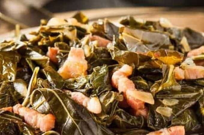 Collard Greens with Bacon on a white dish
