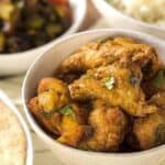 Air Fryer Chicken Spicy Fennel Chicen in a white bowl overhead view