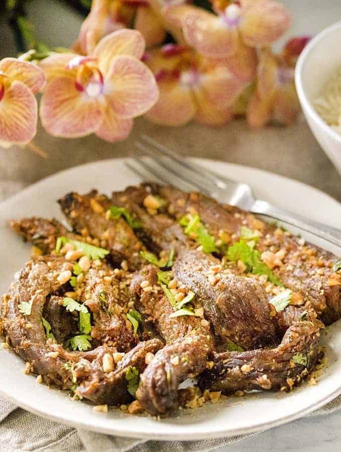 Sideways shot of Air fried Beef Satay with flowers in the back