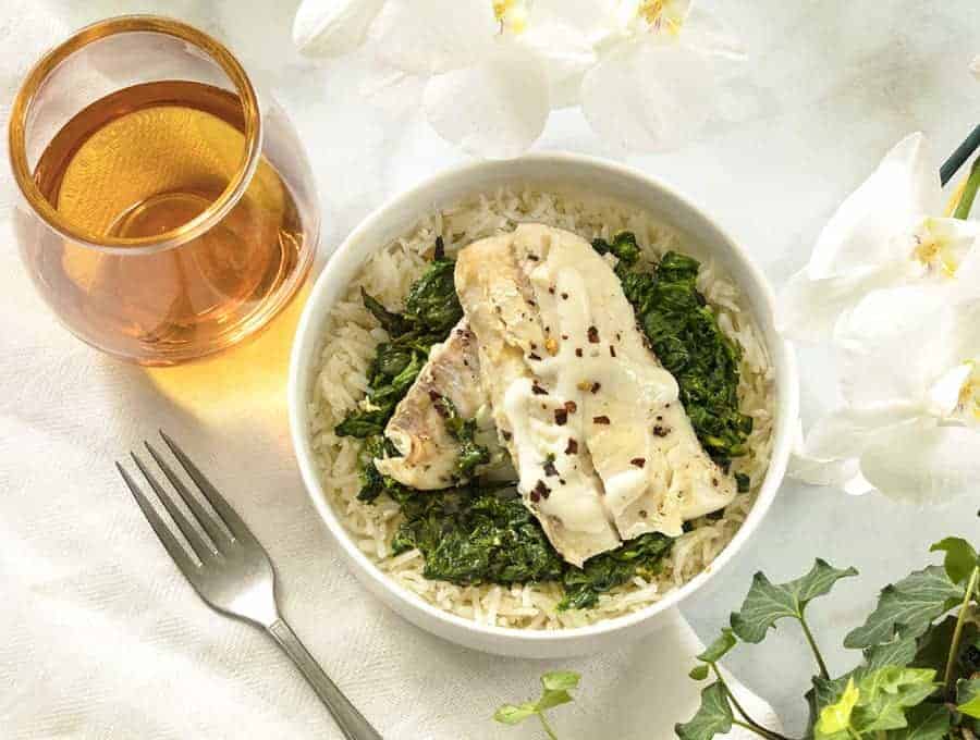 Instant Pot Fish with spinach and Rice overhead view