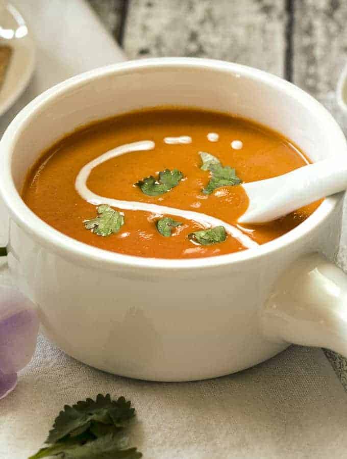 spicy tomato soup recipe, Indian creamy tomato soup, roasted garlic  tomato soup