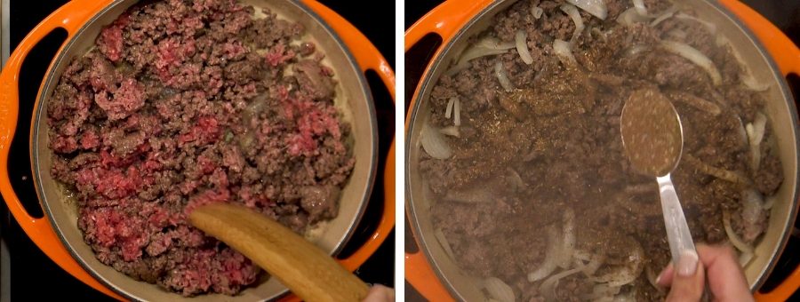 beef cooking in a pan