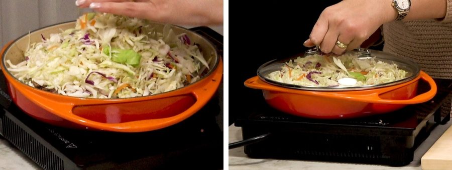 cabbage mix being added to a pan
