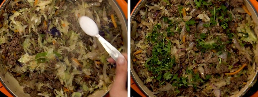 steamed cabbage and cooked beef being stirred in a pan