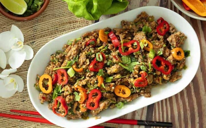 Chili pork stir fry overhead view