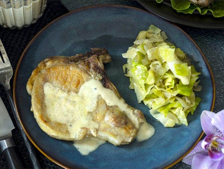 PanFried Pork Chops and Cabbage in Mustard Cream Sauce + video