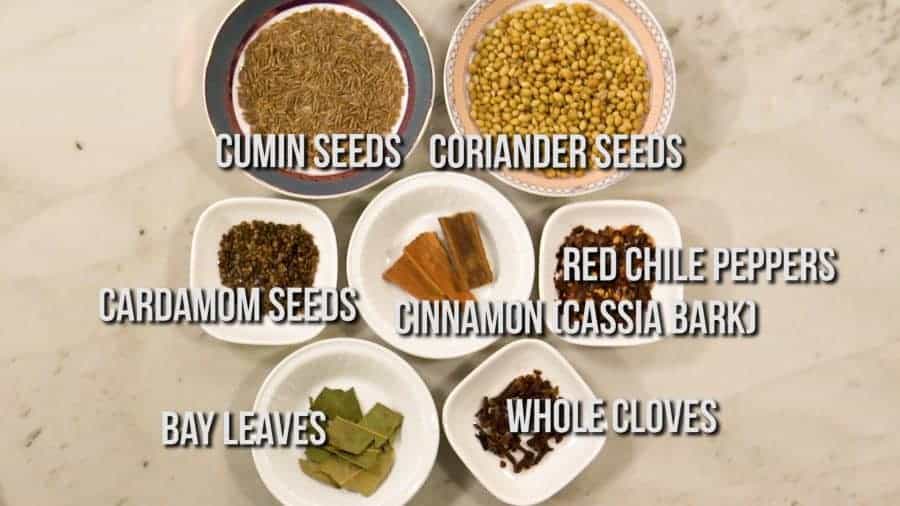Overhead shot showing spices in small bowls, with labels for corinader seed, cumin seeds, cardamom, cassia bark, whole cloves, and bay leaves.