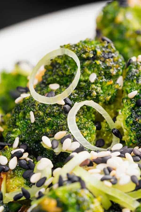 Air Fryer Sesame Ginger Broccoli with white and black sesame seeds. 