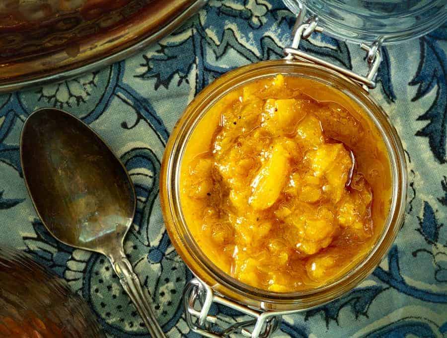 A bowl of Peach and Ginger Chutney.