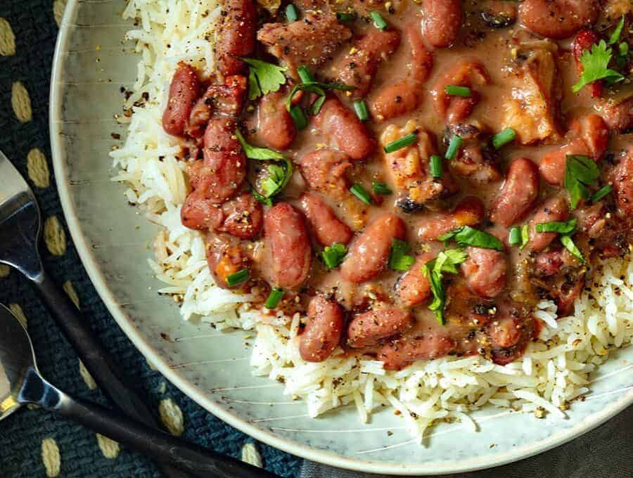 A closeup of Instant Pot Red Beans and Rice.
