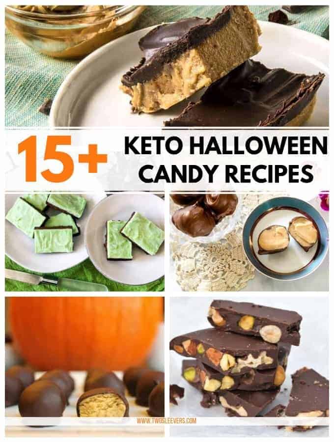 Plates of different desserts titled 15+ Keto Halloween Candy Recipes.