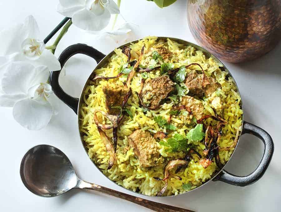 A picture of Lamb Biryani on a table.