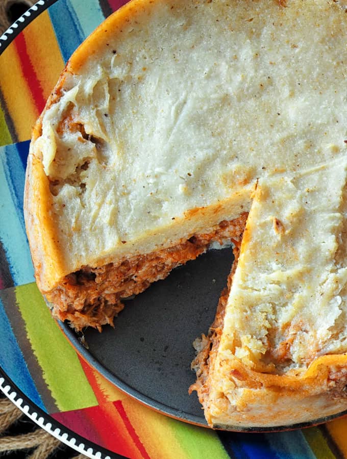 overhead view of instant pot tamale pie on colorful plate