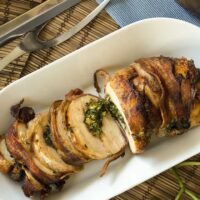 overhead view of chicken breast stuffed with spinach