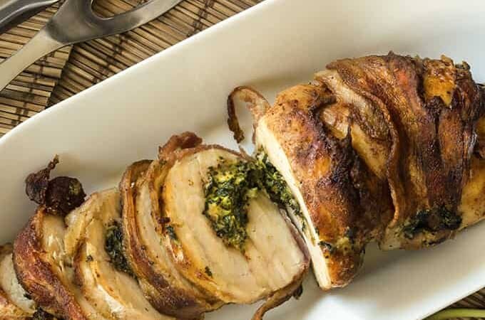 overhead view of chicken breast stuffed with spinach